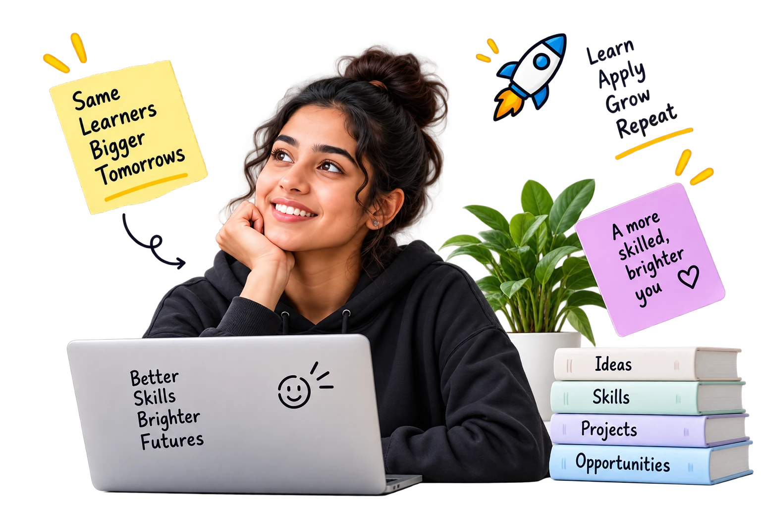 Learner with a laptop and floating learning notes